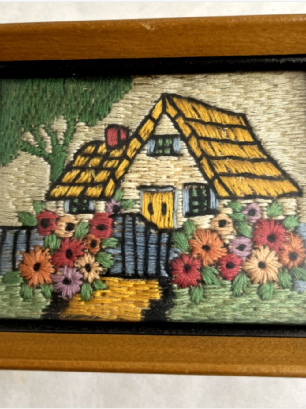 Vintage 2 Country Houses Framed Linen Thread Crewel Stitched Wall Art Detailed